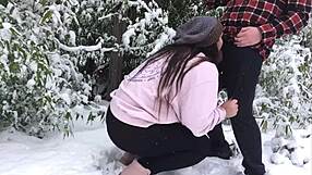 real amateur couple fucks doggystyle in snow with fat asses and natural tits outdoors
