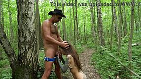 Petite brunette gags on monster cock deepthroat before forest facial cumshot