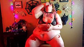 bbw vampire in glasses chows down on jello snack with huge sloppy ass
