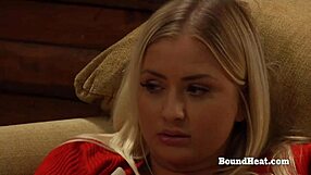 Naughty lesbian slave with big natural tits orgasms licking mistress pussy bondage!