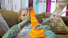 Skinny tattoo slut, gaping ass craves huge anal dildo in fishnets?