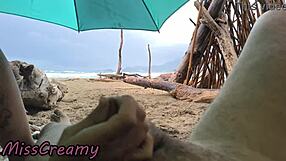 public beach handjob turns into stormy sex orgasm with misscreamy