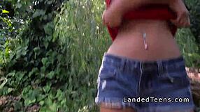 Lost petite hitchhiker tempts stranger's monster cock deep in forest wild