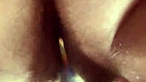 getting super close to this curvy hairy pussy sliding in glass dildo nice and slow