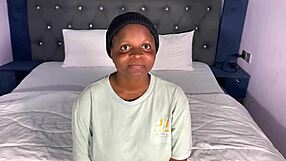 Beautiful ebony Elizabeth fingers shaved pussy and big tits in casting