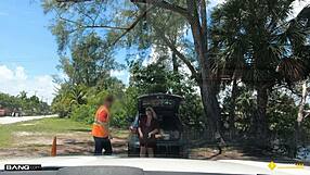 thick blonde milf breaks down roadside and gets pounded doggystyle by assistance guy in public