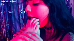 Tickling small bare feet leads to lesbian femdom choking and toe sucking submission