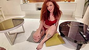 fiery brazilian curly redhead in lingerie rides cock pov doggystyle