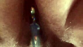 getting super close to this curvy hairy pussy sliding in glass dildo nice and slow