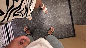 My stepmom's huge tits flash in elevator before public facial cumshot.