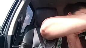 girl hops in truck flashing close-up pussy grope and spread