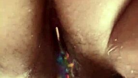 getting super close to this curvy hairy pussy sliding in glass dildo nice and slow