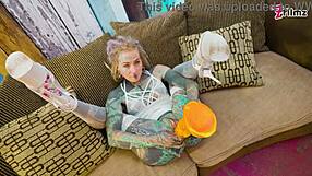 Skinny tattoo slut, gaping ass craves huge anal dildo in fishnets?