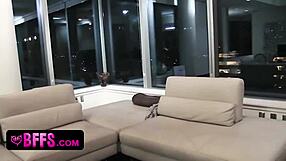 At the pajama party pretty teen with glasses gets pussy pounded by strapon friend