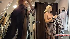blonde big tits upskirt pussy in changing room try on see through