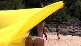 Bisexual tanned exotic babes lick pussy ride cock in outdoor threesome cumshot