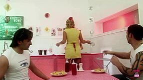 two blondes COSPLAY waitresses. guys BANG them cowgirl doggy then CREAM cumshot cover