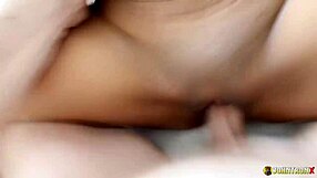 Grey haired petite Thai milf takes second creampie bent over from Johntronx.