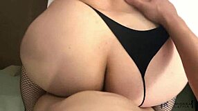 guy yanks latina's thong aside bends her over and unloads cumshot on fat ass