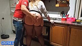 Latina milf with huge ass bent over kitchen miniskirt gaping plump pussy for monster cock!