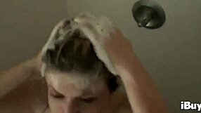 tyla wynn fingers her shaved pussy in shower before horny banging session