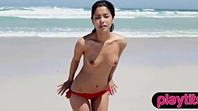 Petite Asian MILF And Ukrainian Brunette Babe Strip Tease Beach