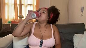 Drunk chubby ebony babe with huge saggy tits drinks coke burps farts and spreads curvy ass