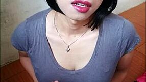 Shemale pounds her ass wildly on massive dildo ride!