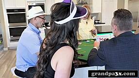 three old kinky dudes destroy young busty teen's ass and tits after poker with monster cocks!