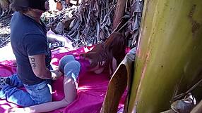 brunette stretches tight ass outdoors with public sex toy