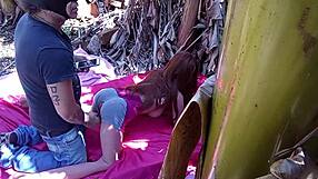 brunette stretches tight ass outdoors with public sex toy