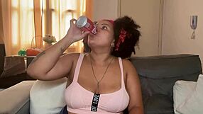 Drunk chubby ebony babe with huge saggy tits drinks coke burps farts and spreads curvy ass
