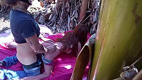 brunette stretches tight ass outdoors with public sex toy