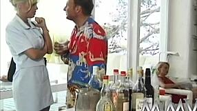 Retro blonde bombshell chokes on monster cock before facial blast