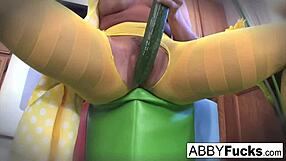 abigail dresses up in kitchen fucks giant cucumber