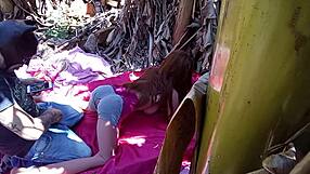 brunette stretches tight ass outdoors with public sex toy