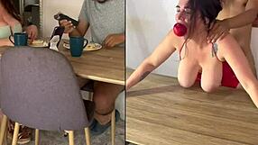 Real homemade mature Colombian milf and young curvy latina eat hairy pussies on the breakfast table.