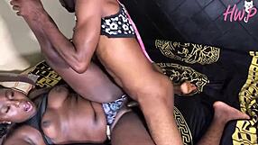 Guy measures ebony babe's pussy depth before intense fucking and creampie in 4K