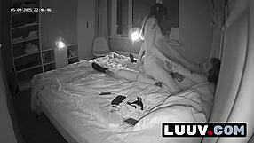 Real exhibitionist couple flashes shaved pussy and juicy tits in homemade bedroom sex