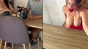 Real homemade mature Colombian milf and young curvy latina eat hairy pussies on the breakfast table.