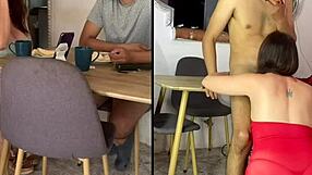 Real homemade mature Colombian milf and young curvy latina eat hairy pussies on the breakfast table.