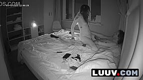 Real exhibitionist couple flashes shaved pussy and juicy tits in homemade bedroom sex