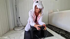 blonde milf in unicorn costume squirts hard riding sybian machine to wild orgasm