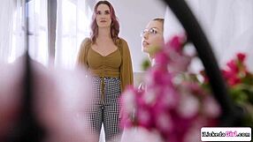 Busty brunette model licks petite redhead's hairy pussy tribbing orgasm