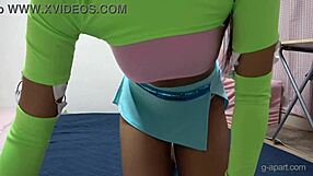 hey, check this tanned japanese maid's big tits bouncing in thong miniskirt while cleaning