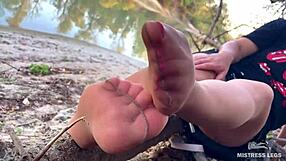 My Cute Feet in Nude Pantyhose Tease and Rub on Autumn River Bank Close Up