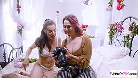 Busty brunette model licks petite redhead's hairy pussy tribbing orgasm