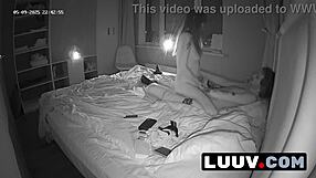 Real exhibitionist couple flashes shaved pussy and juicy tits in homemade bedroom sex