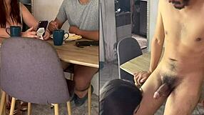 Real homemade mature Colombian milf and young curvy latina eat hairy pussies on the breakfast table.