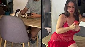 Real homemade mature Colombian milf and young curvy latina eat hairy pussies on the breakfast table.